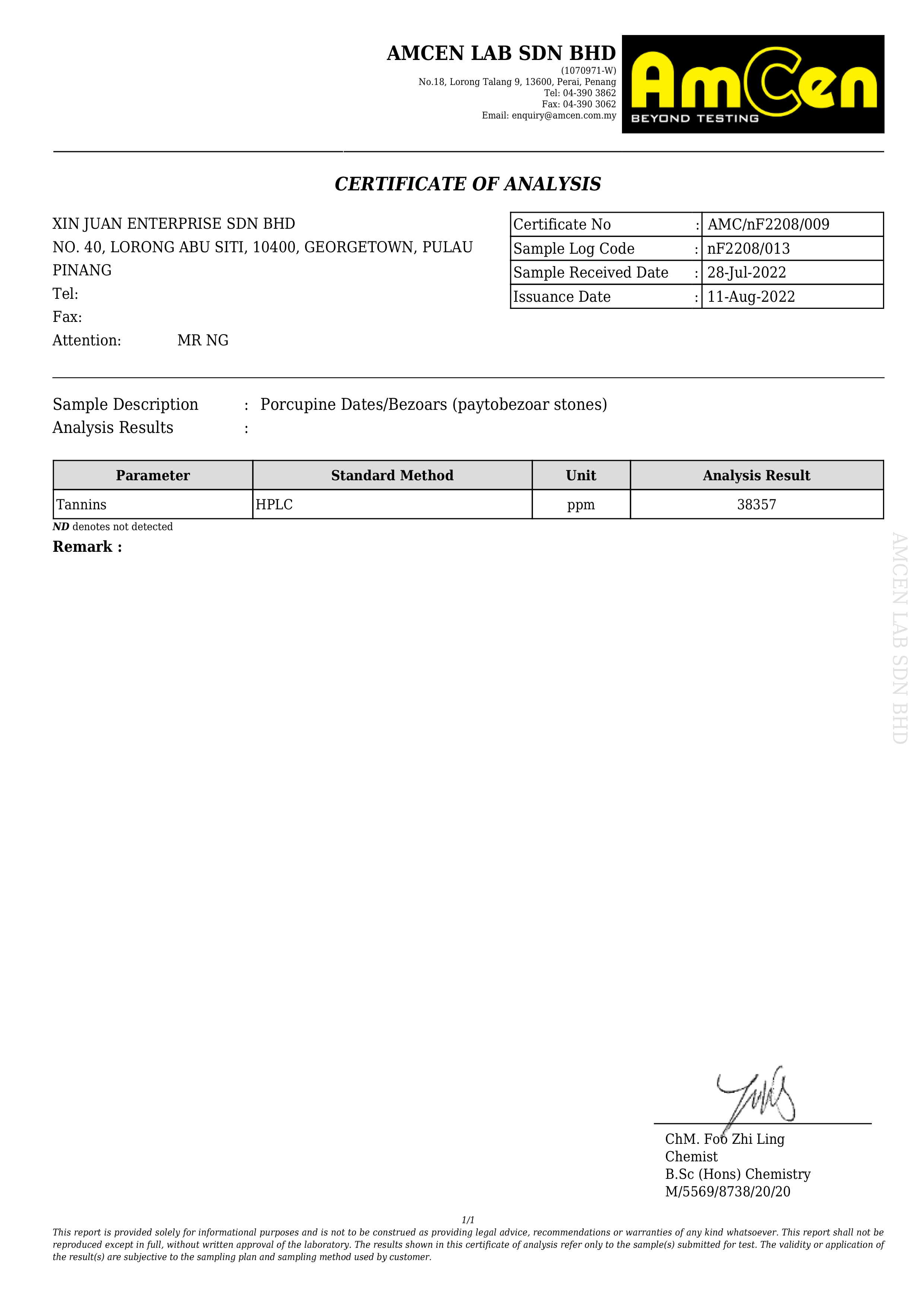 AmCen Lab certificate of analysis for tannins, AMC/nF2208/009, 38,357 ppm