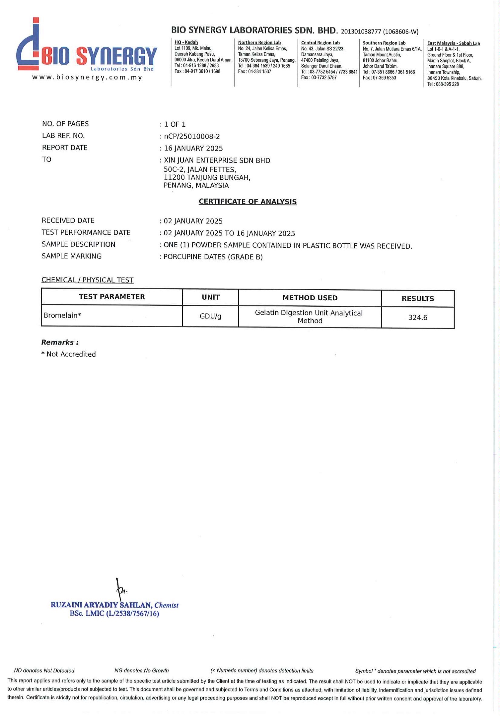 Bio Synergy Laboratories certificate of analysis, bromelain, Grade B, nCP/25010008-2 (2025)