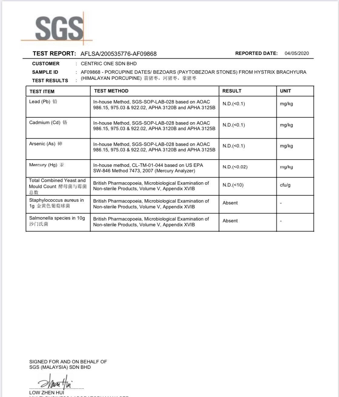 SGS Malaysia heavy metals and microbiology test report AFLSA/200535776-AF09868