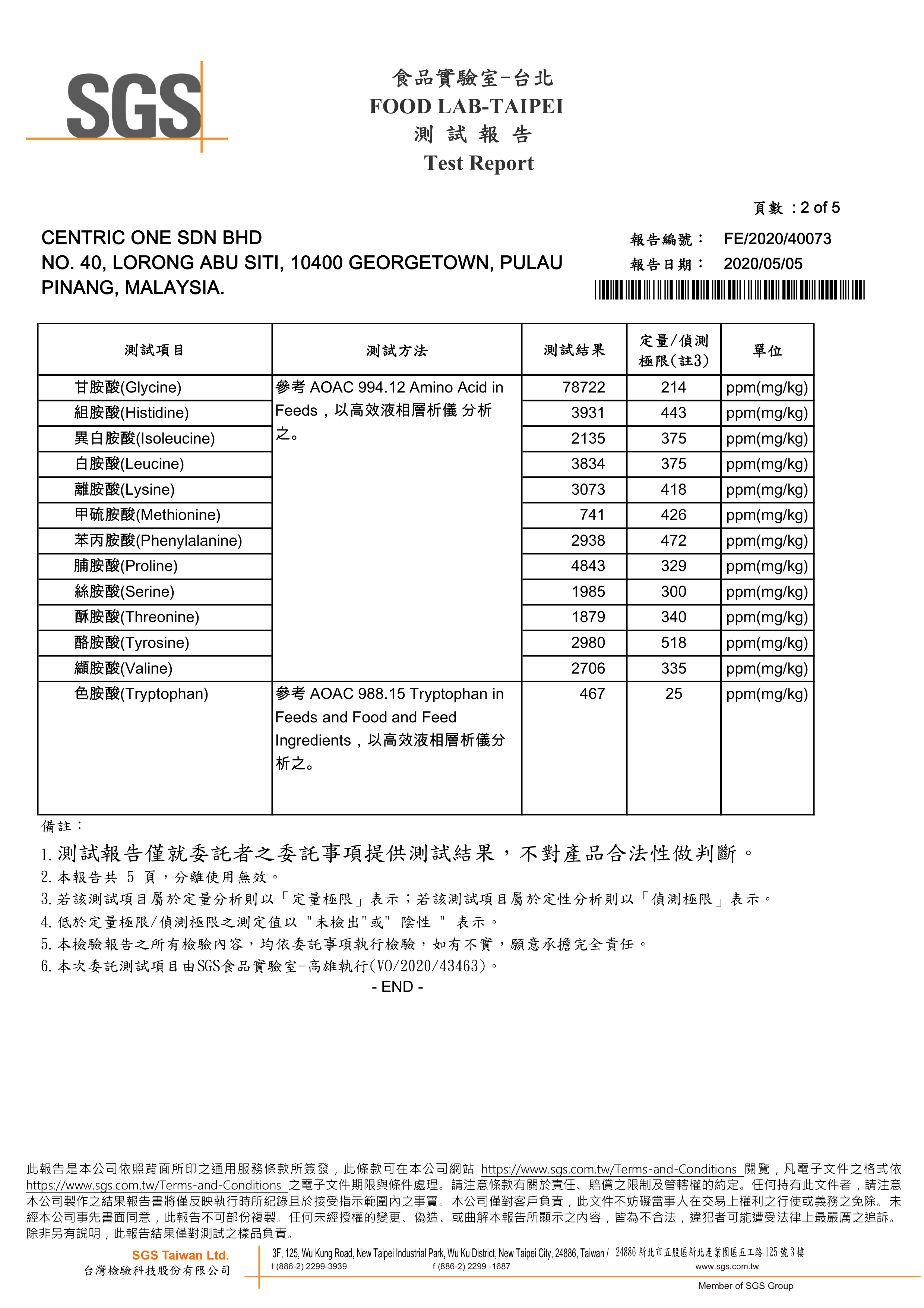 SGS Food Lab Taipei test report FE/2020/40073 page 2