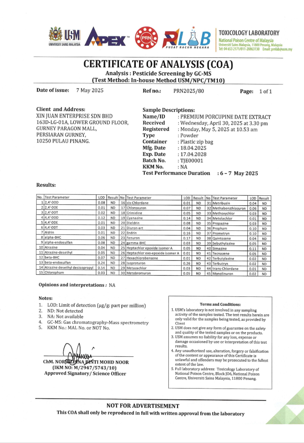 USM National Poison Centre Toxicology Laboratory pesticide screening report PRN2025/80, 7 May 2025