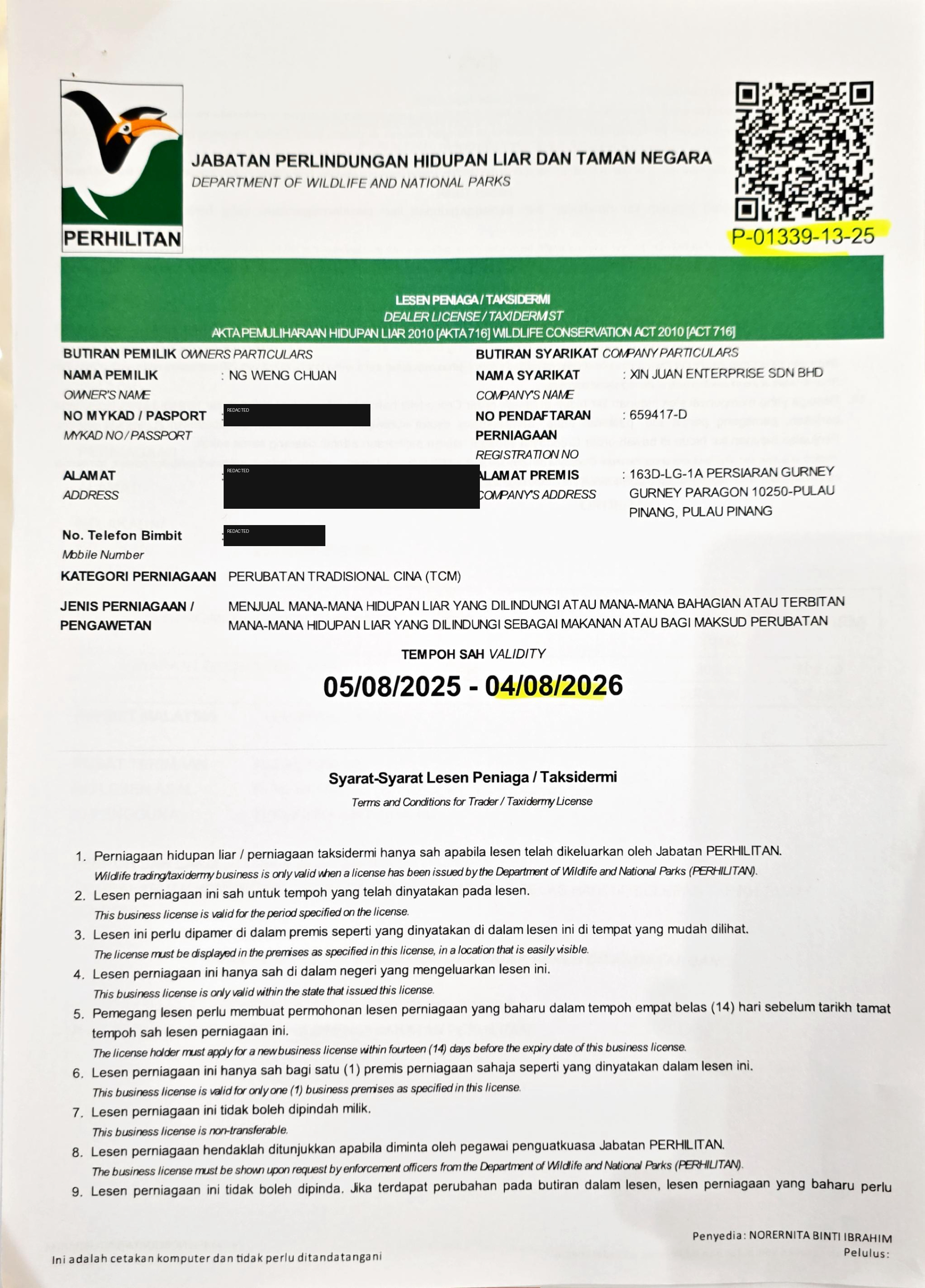 Malaysian Department of Wildlife and National Parks PERHILITAN dealer licence P-01339-13-25 (holder's ID number, home address and mobile redacted) held by Xin Juan Enterprise Sdn Bhd